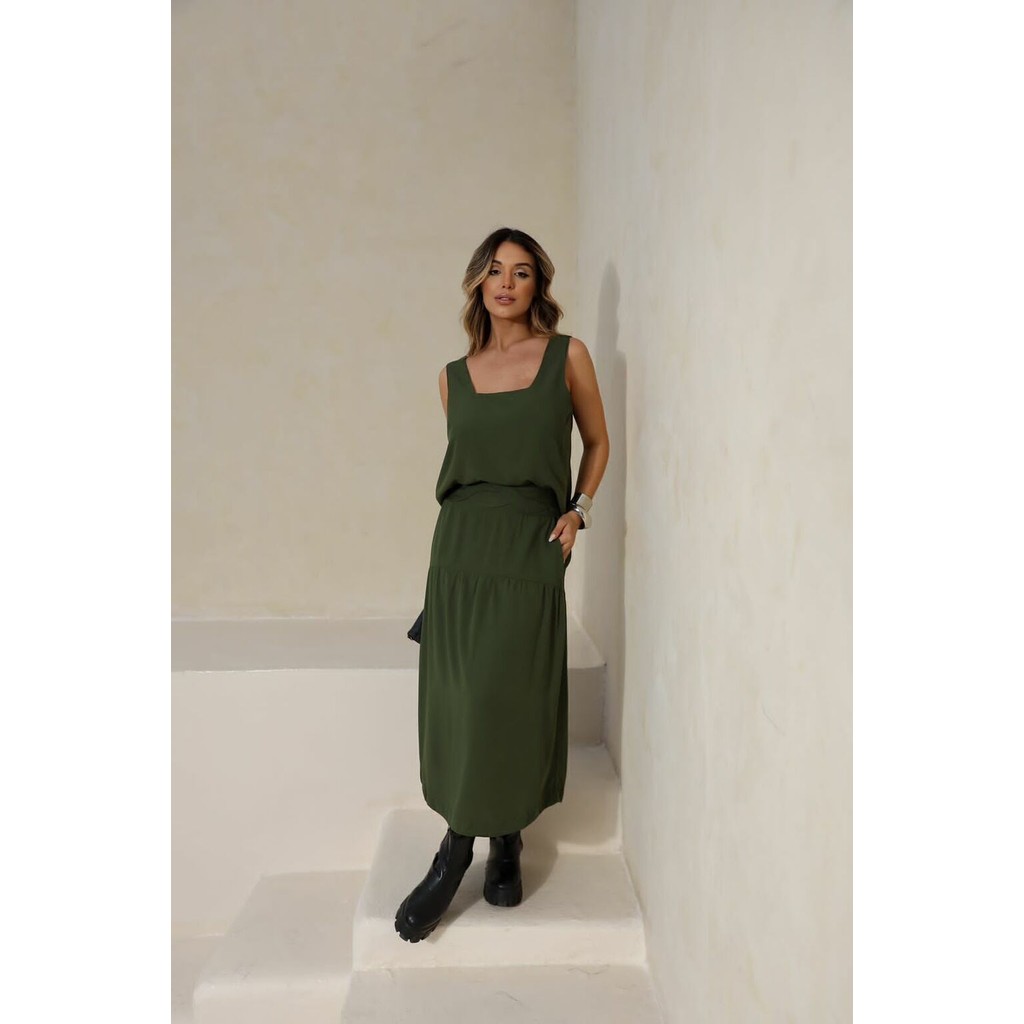 Conjunto Feminino Vitoria Saia Midi Forrada Regata Quadrada Viscolinho Evangélica