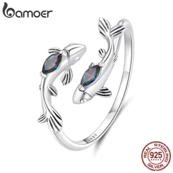 Anel De Prata Esterlina 925 Bamoer Peixes Design Ajustável Joias Presente Feminino