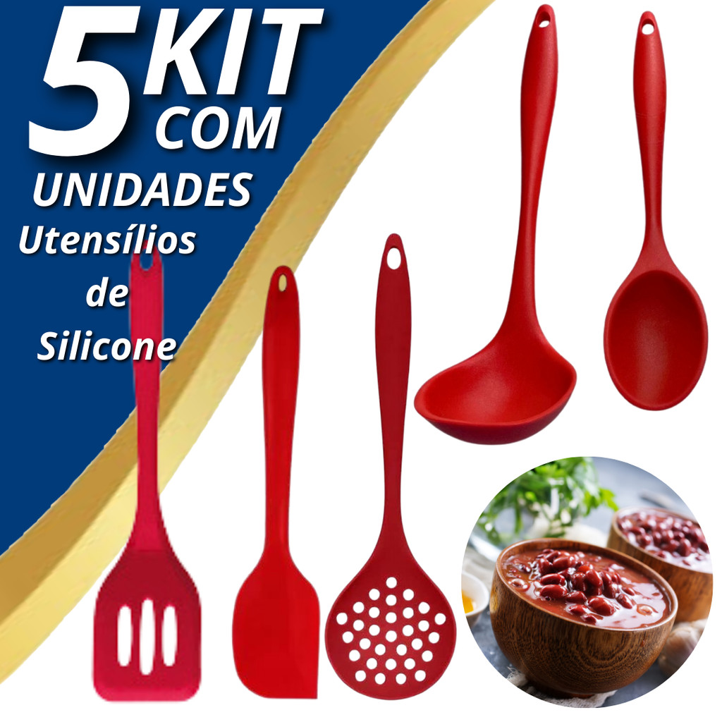 Jogo de 5 Peças Vermelhas de Silicone Concha Colher de Servir Espátula Espatula Vazada e Escumadeira