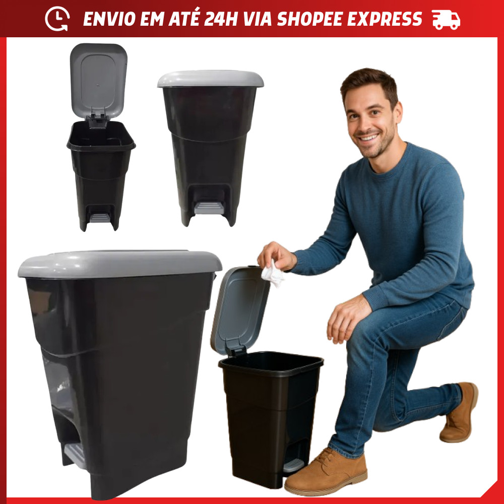 Lixeira Pedal 12L 20L 40L Preta Plástico Resistente Premium Banheiro Cozinha Multiuso Cesto Lixo