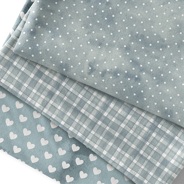 Tecido Tricoline Digital 0,50x1,50 Estampas Aquarelado Azul Acinzentado Corações Bolinha Poá Xadrez
