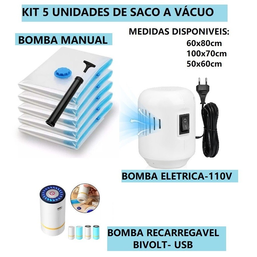 OFERTA KIT 5 Saco Organizador A Vácuo Para Viagem Ou Bomba De Ar  Ou Eletrica USB Varias Medidas