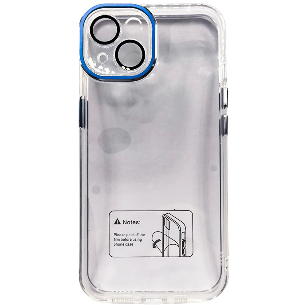 Capa Para iPhone 14, Transparente, Com Proteção de Câmera, Acabamento em Acrílico, Detalhes em Azul, BGM