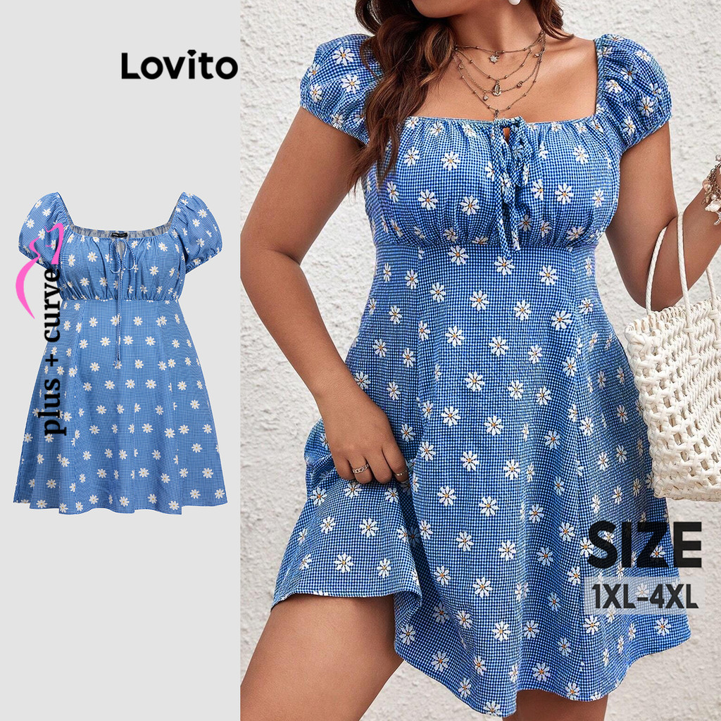 (Trendy) Lovito Plus Size Curve Boho Ditsy Floral Pattern Lace Up Vestido para Mulheres LBL18831 em Oferta na Shopee
