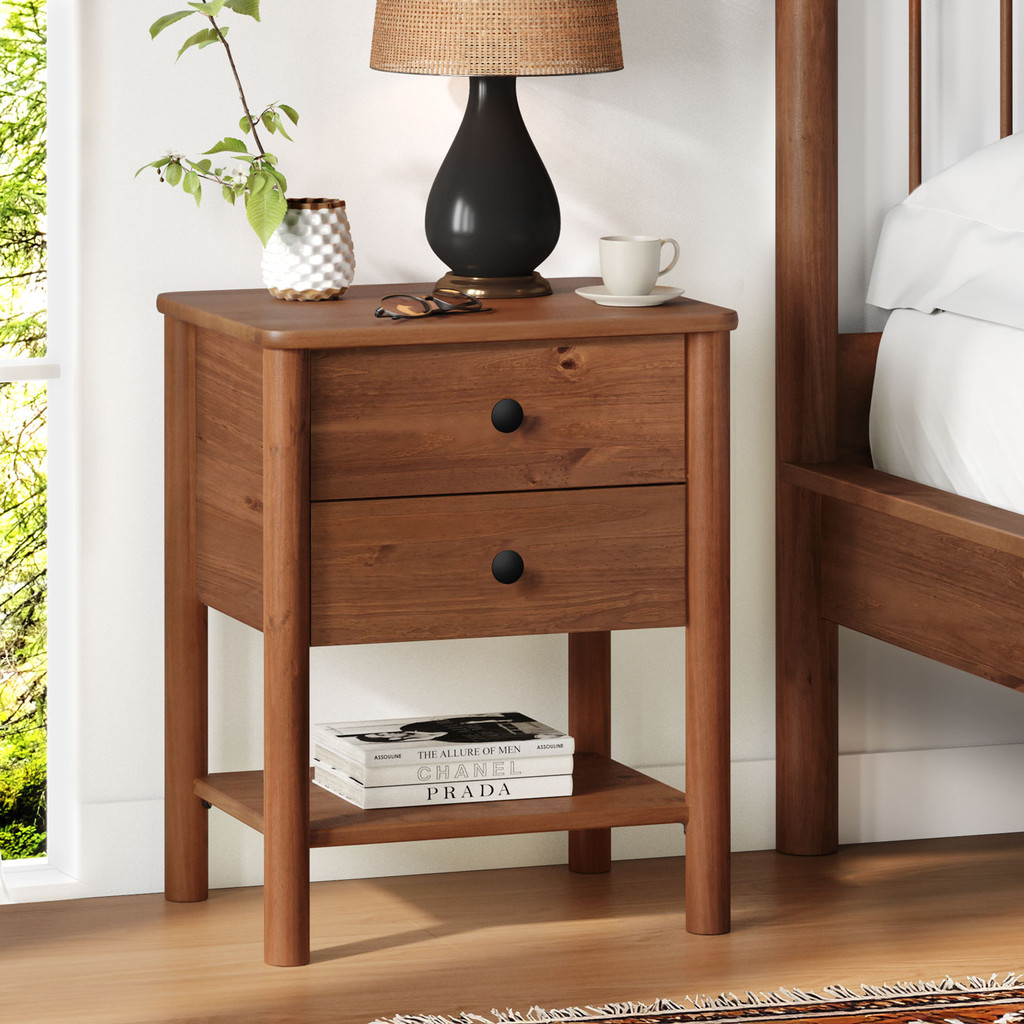 Mesa de Cabeceira 2 gavetas Madeira Apoana Castanho Corrediças Telescópicas em Oferta na Shopee