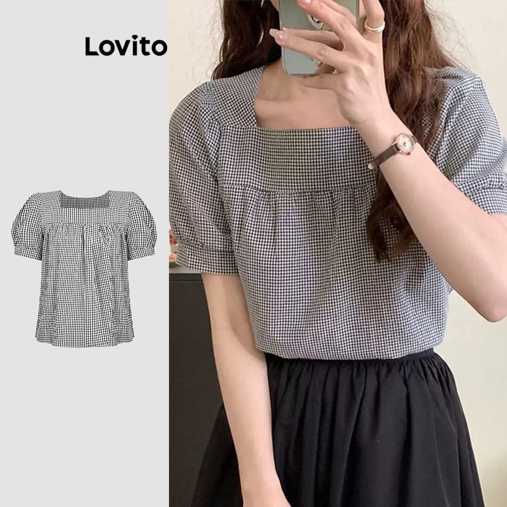 Lovito Blusa Casual Gingham Folho Blusa Verão/Primavera Para Mulheres L117AD024 - Women Clothes