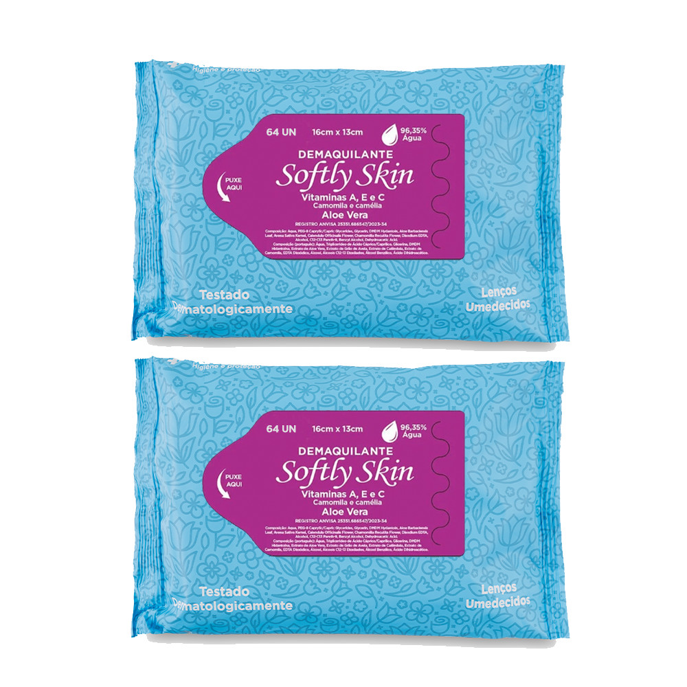 Demaquilante 128 unidades Lenço Umedecido Softly Skin com Vitamina (2 pacotes com 64un)