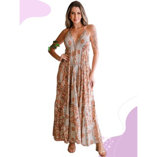 Vestido seda longo costas abertas Marrom LDR-18G-LONG boho em Oferta na Shopee