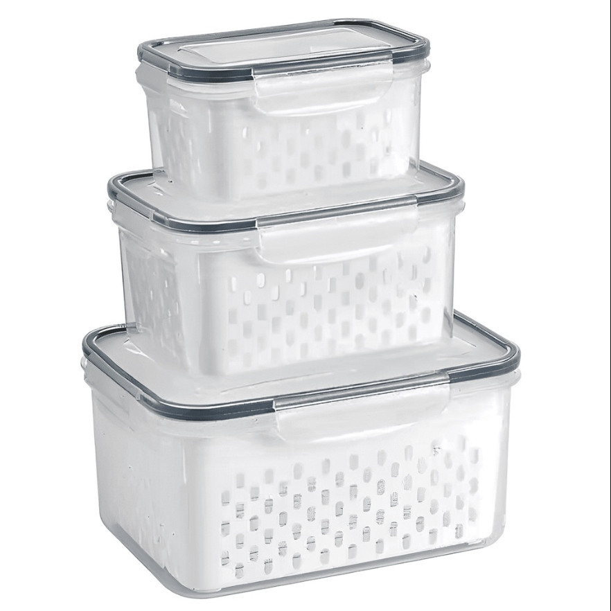 Kit 3 Organizadores de Geladeira Potes Herméticos Cozinha Alimentos Com Cesto Removível Lavar Frutas