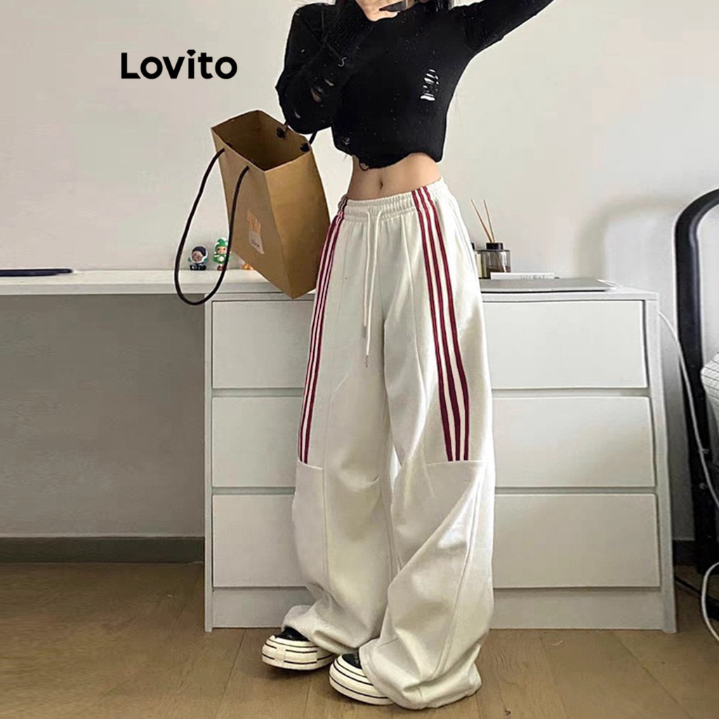 (Trendy) Lovito Calça Casual Com Listras Laterais Lisas Para Mulheres L122AD006 - Women Clothes