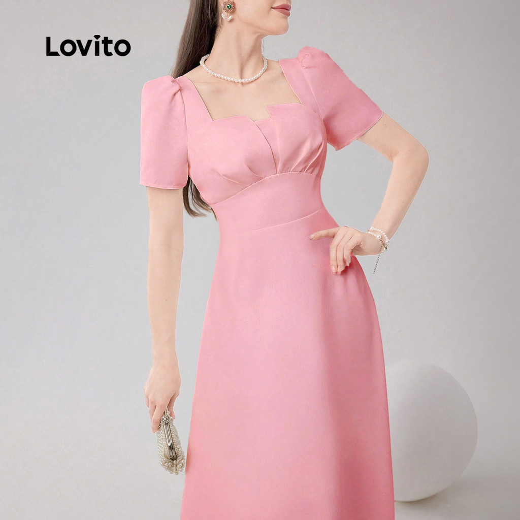 (Trendy) Lovito Vestido Casual liso plissado drapeado para mulheres L132AD1039 em Oferta na Shopee