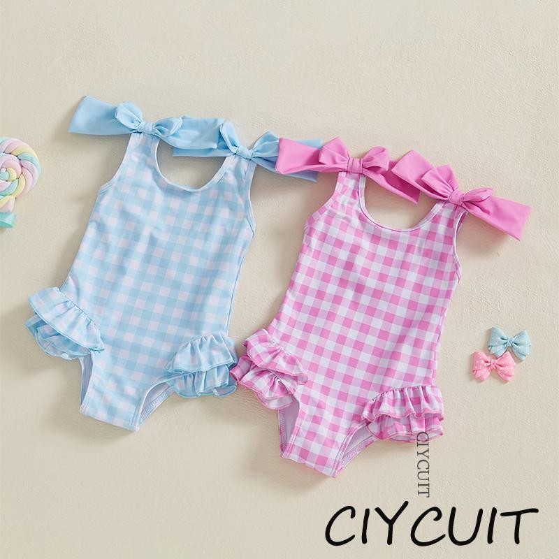 CIYCUIT-6Month-4years Bebê Meninas Maiô Macacão Xadrez Babados Dois Bowknot Decoração Beachwear Sem Mangas Verão Praia
