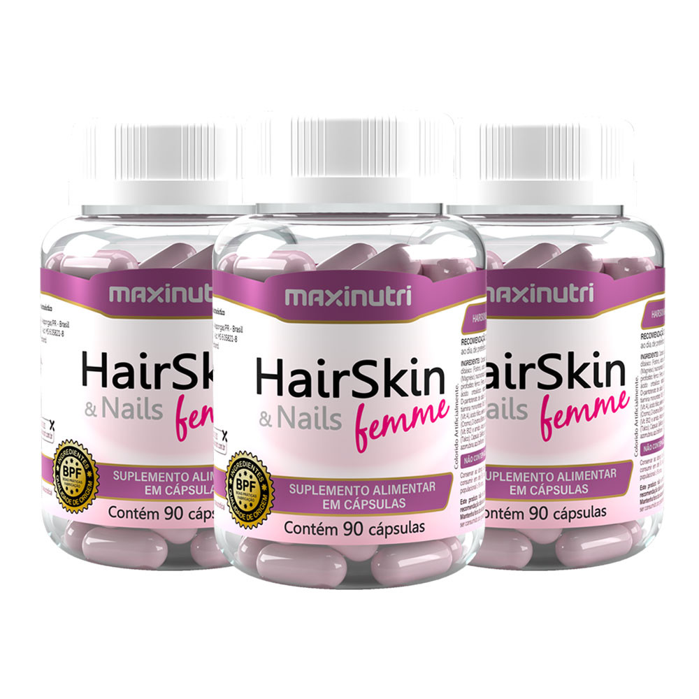 Kit 3 HairSkin Nails Femme Cabelos Pele e Unhas 90 Cáps Maxinutri