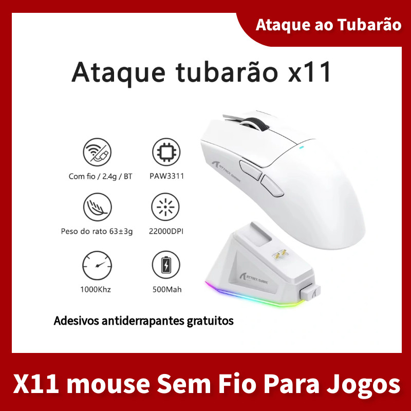 Attack shark X11 sem fio leve game mouse três modos de conexão 2.4ghz/com fio/bluetooth PAW3311 22000DPI 400IPS 50G aceleração baixa latência ergonômica esports game mouse método laptop game player acessórios