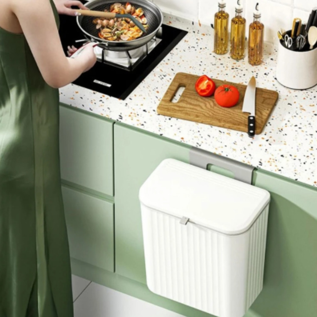 Lixeira 9 Litros Suspensa Com Tampa Suporte E Alto Adesivos Alça De Pentura Para Cozinha E Banheiro