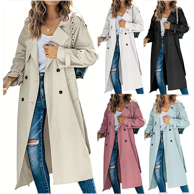 Jaqueta Longa Feminina Coreana Primavera Outono Manga Dupla Breasted Elegante Trench Coat Senhoras Casual Outerwear