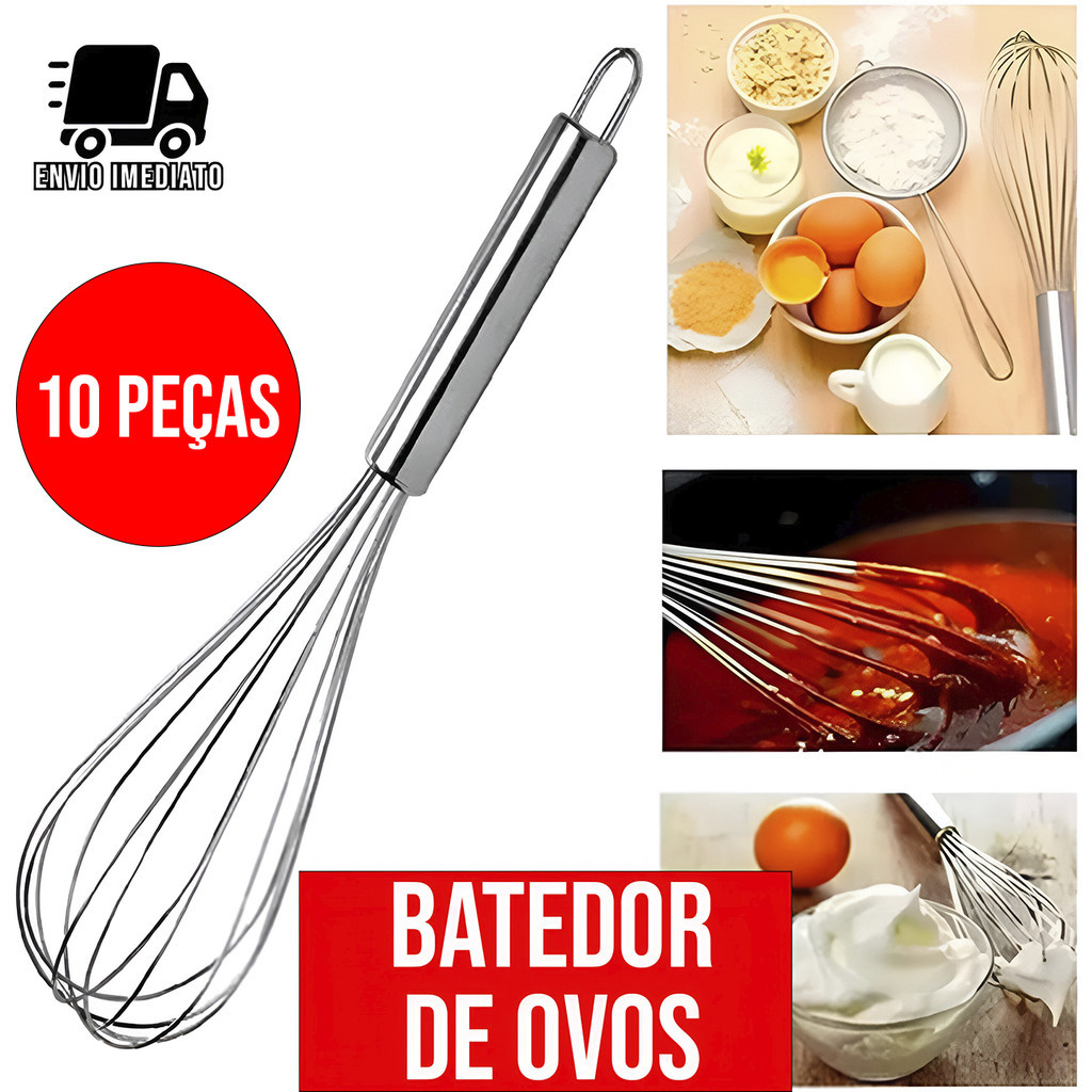 Kit 10 Batedor de Ovos Fouet Inox Batedor de Alta Qualidade Antiaderente e Ideal para Cozinha