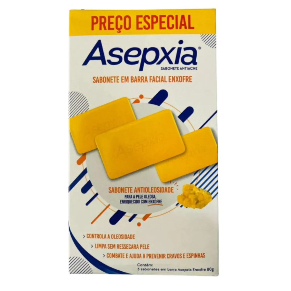 Asepxia enxofre Sabonete Barra Kit 3un - 80g - Beauty