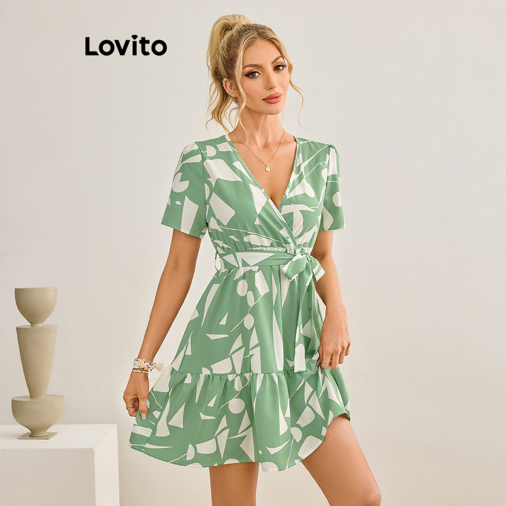 Lovito Vestido Plus Size Elegante Floral Cinto Babado para Mulheres LBL19177 - Women Clothes
