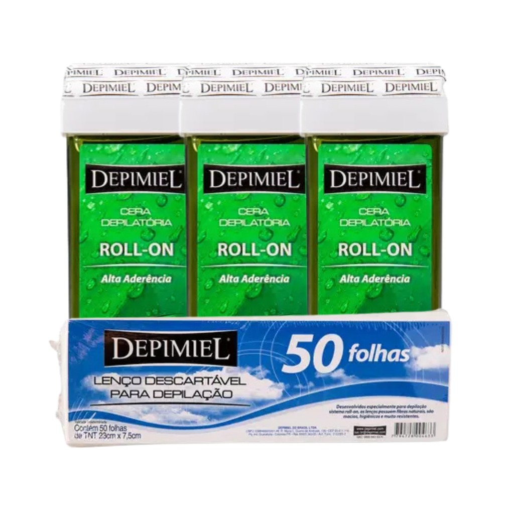 Kit 50 Folha Descartável E 3 Cera Roll-on Aloe Vera Depimiel
