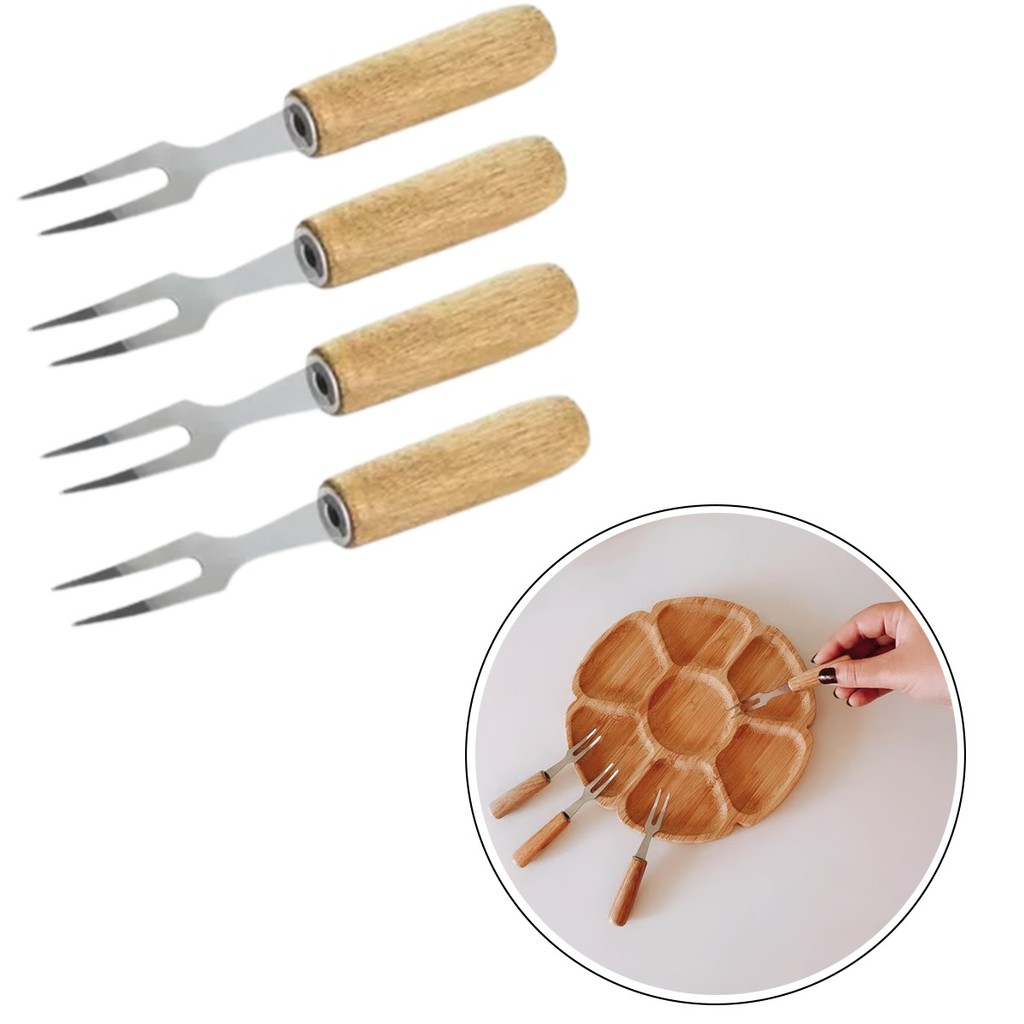 GARFO PARA PETISCO INOX 4 PEÇAS CABO MADEIRA MIMO STYLE