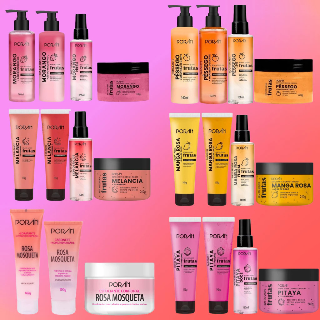Kit Spa Banho Cuidados Diários Rosto e Corpo Porán - Esfoliante, Hidratante, Sabonete e Body Splash