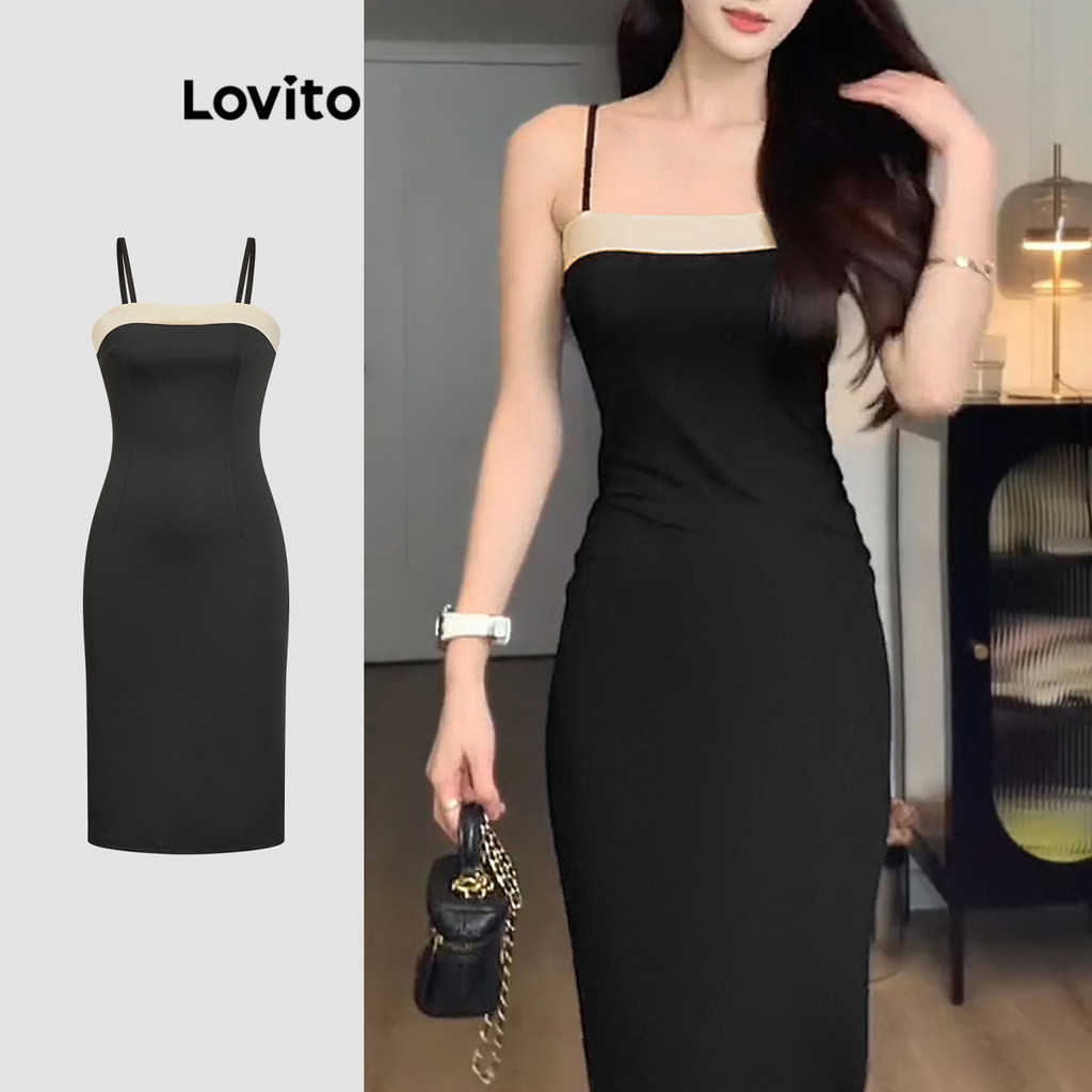 Lovito Vestido Midi Bodycon com Blocos de Cor e Sem Mangas para Mulheres LNE09217 (Preto)