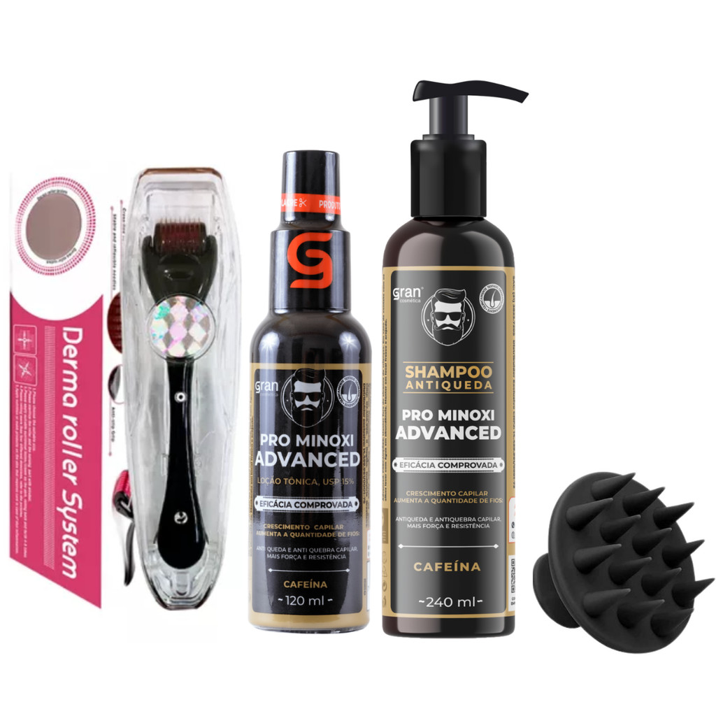 Kit Shampoo Antiqueda + Tônico Crescimento Capilar Pro Minoxi + Escova Massageadora + Derma Roller