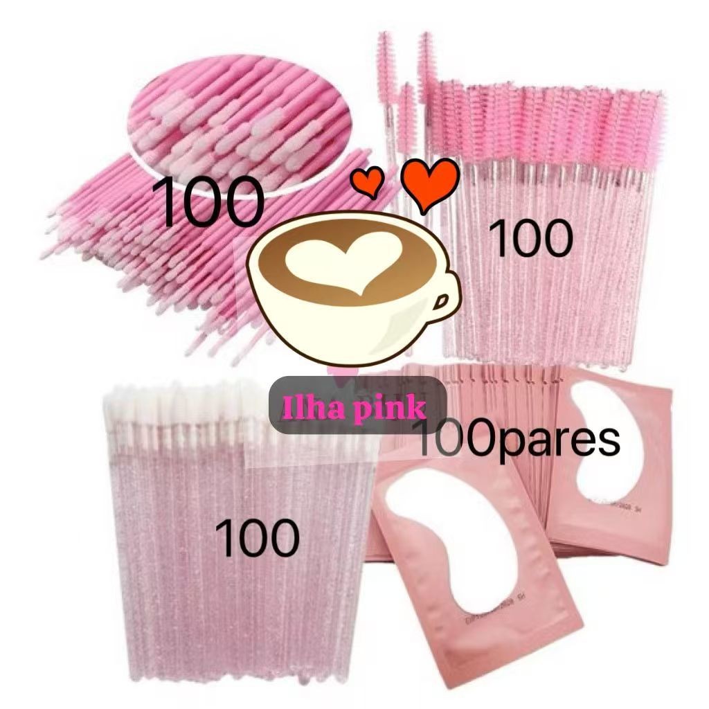 Kit - 100 Escovinhas + 100 Microbrush + 100 Aplicador +KIT 100 Pares de Gel Pads (200 Unidades) de Batom Alongamento Cil