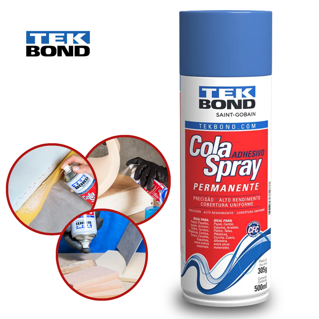 Cola Spray Tek Bond Permanente 500ml 305g - Cola Spray Para madeira, Tecidos, Borracha, Sapatos, Espuma , Artesanato - C