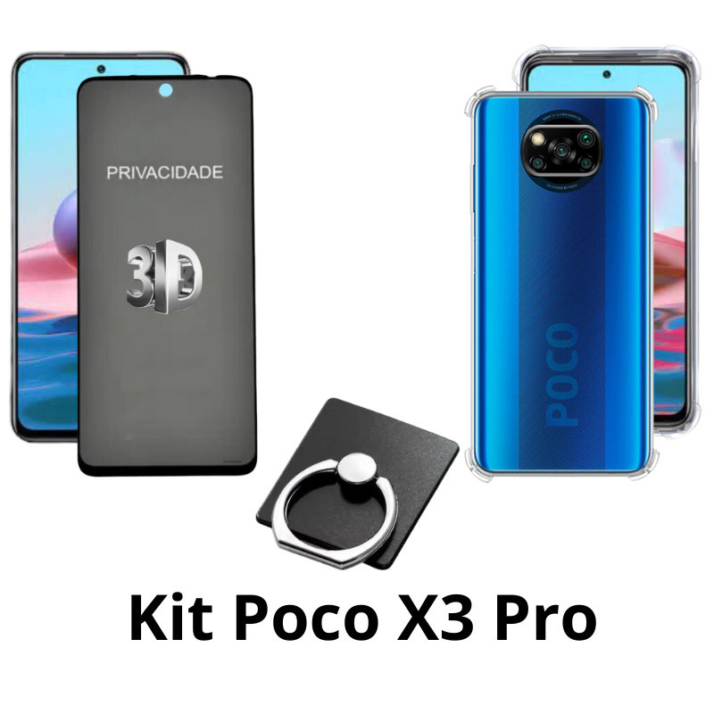 Capinha Anti Shock + Película 3D Vidro Privacidade + Suporte de Anel para Xiaomi Poco X3 Pro