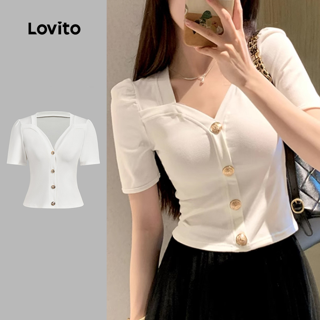 Lovito Camiseta Elegante Com Botão Frontal Requintada Primavera/Verão Camiseta Branca Para Mulheres L135ED087 em Oferta na Shopee