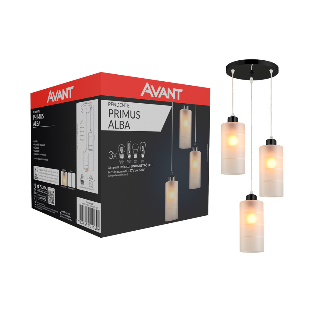 Luminaria Pendente Led Primus 3xE27 Vidro fosco Avant - Home & Living