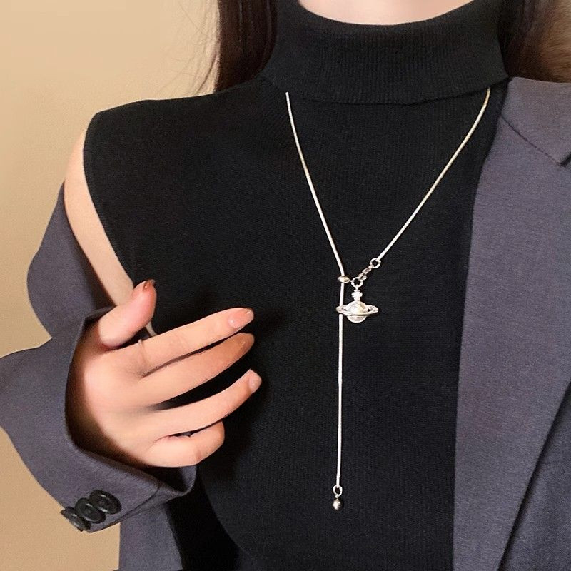 Corrente De Suéter Com Pingente De Pérola Saturno-Colares Planeta Brilhante-Ajustável , Liga-Versátil , Doce Legal-Acess