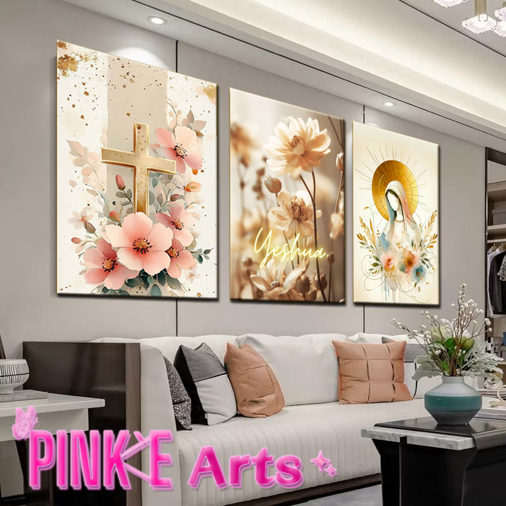 QUADRO DECORATIVO KIT 3 PEÇAS NOSSA SENHORA YESHUE JESUS CRUZ COM FLORES DECORAÇÃO PLACA MDF 4K FULL