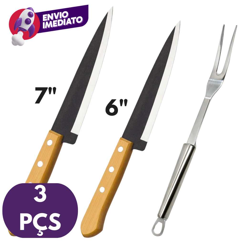 Kit Churrasco 03 Itens Garfo Trinchante Pegador Aço Inox e Faca 6 “ e 7 Jogo Churrasqueira Cozinha