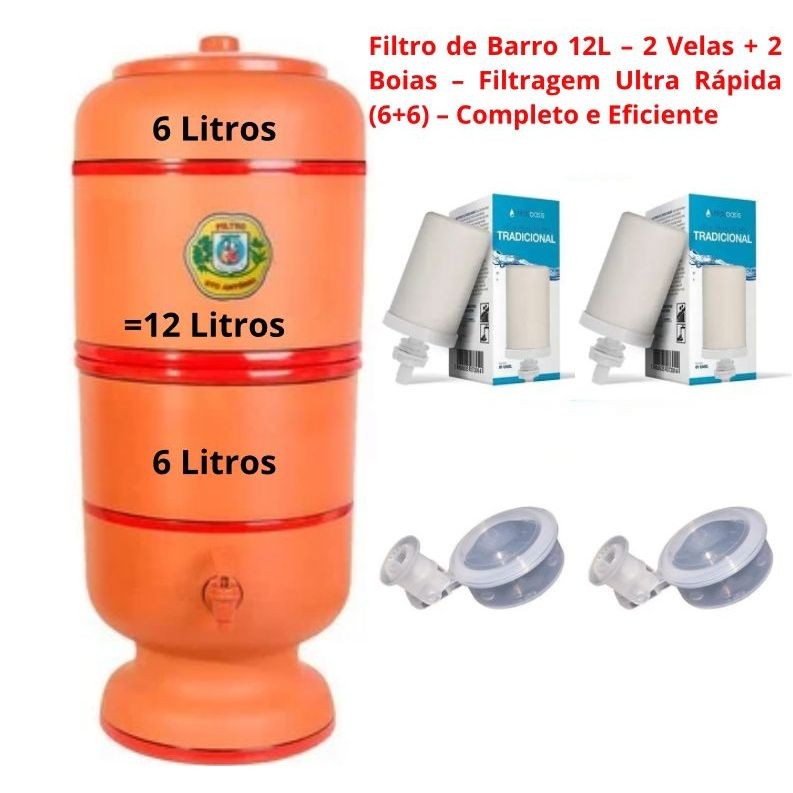 Filtro de Barro Tradicional Completo 12L (6L+6L) /2 Velas / 2 Bóias / Torneira / Tampa – Experiência inesquecível.