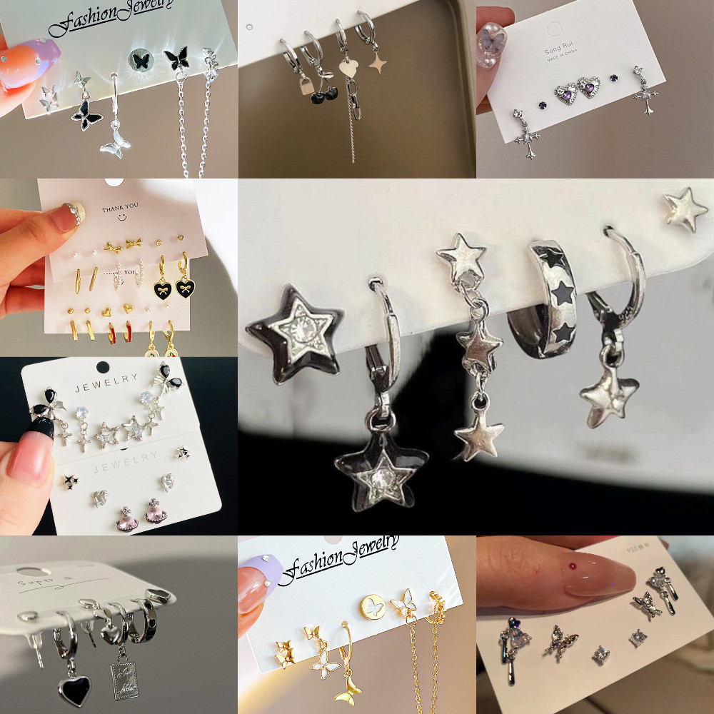 Ins Trendy Butterfly Star Pingente Brincos Conjunto Requintado Strass Brinco Para Mulheres Joias em Oferta na Shopee