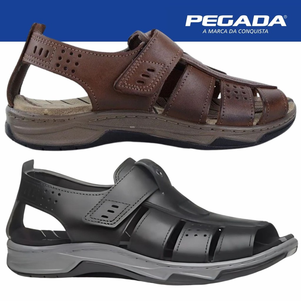 Sandália Fechada Masculina Pegada Couro Tira Autocolante Conforto Original 132256 em Oferta na Shopee