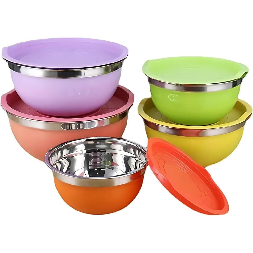 Kit 5 Bowls Tigelas de Inox Coloridos com Tampa