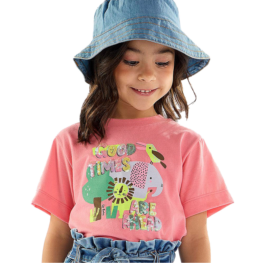 Blusa Infantil Manga Curta Rosa Brilho Animais Good Times Up Baby