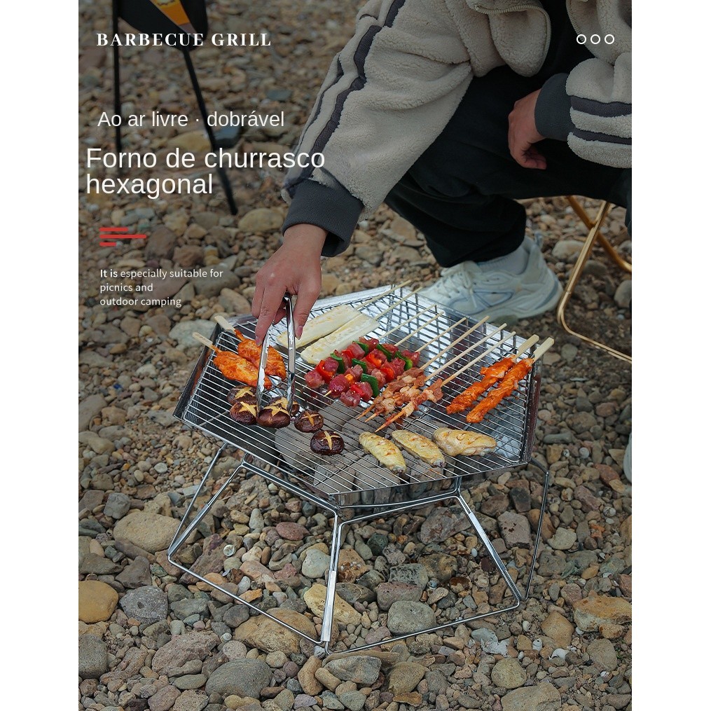 Acampamento ao ar livre hexagonal dobrável multifuncional fogão a carvão churrasqueira dobrável portátil