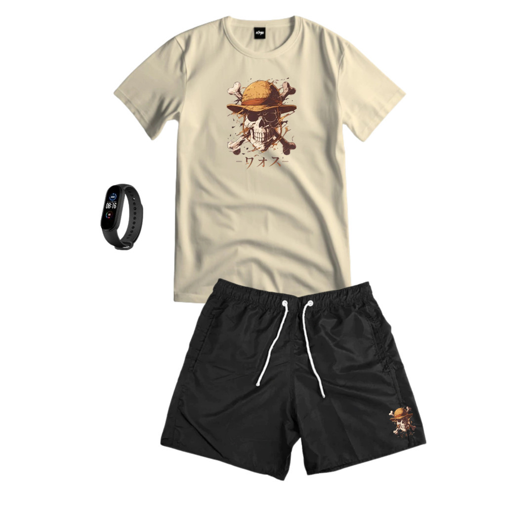 Conjunto Kit Masculino ONEPIECE Camisa 100% Algodão + Bermuda Tactel Estampada + Relogio Digital