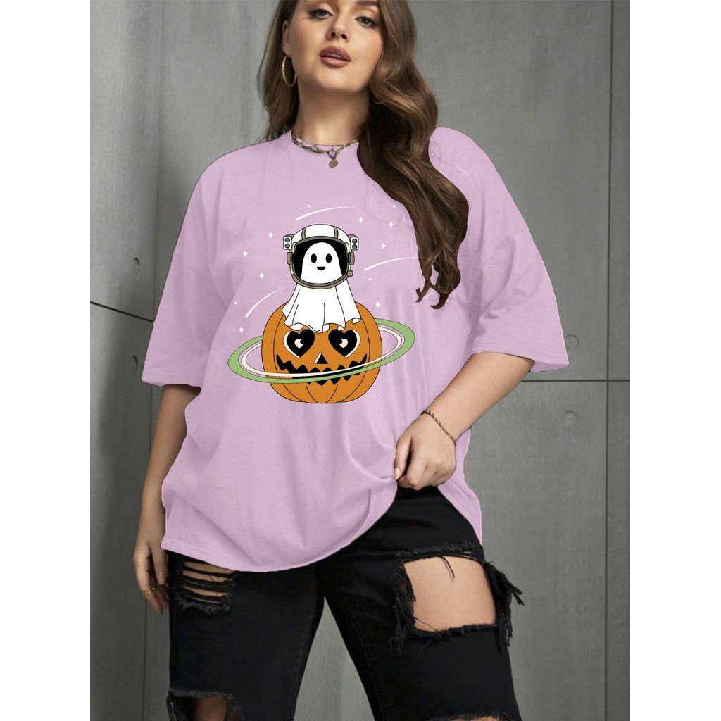 Camiseta Streetwear Unissex Oversized Manga Curta Gola Redonda Estampa Abobora Fantasma Espacial
