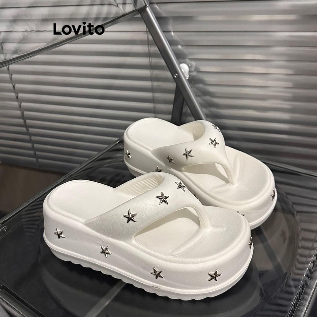 Lovito Sandália Plana Casual Lisa Super Legal Estrelas Moda Exterior Usar Sandália Plana Para Mulheres LFA70209 - Women Shoes