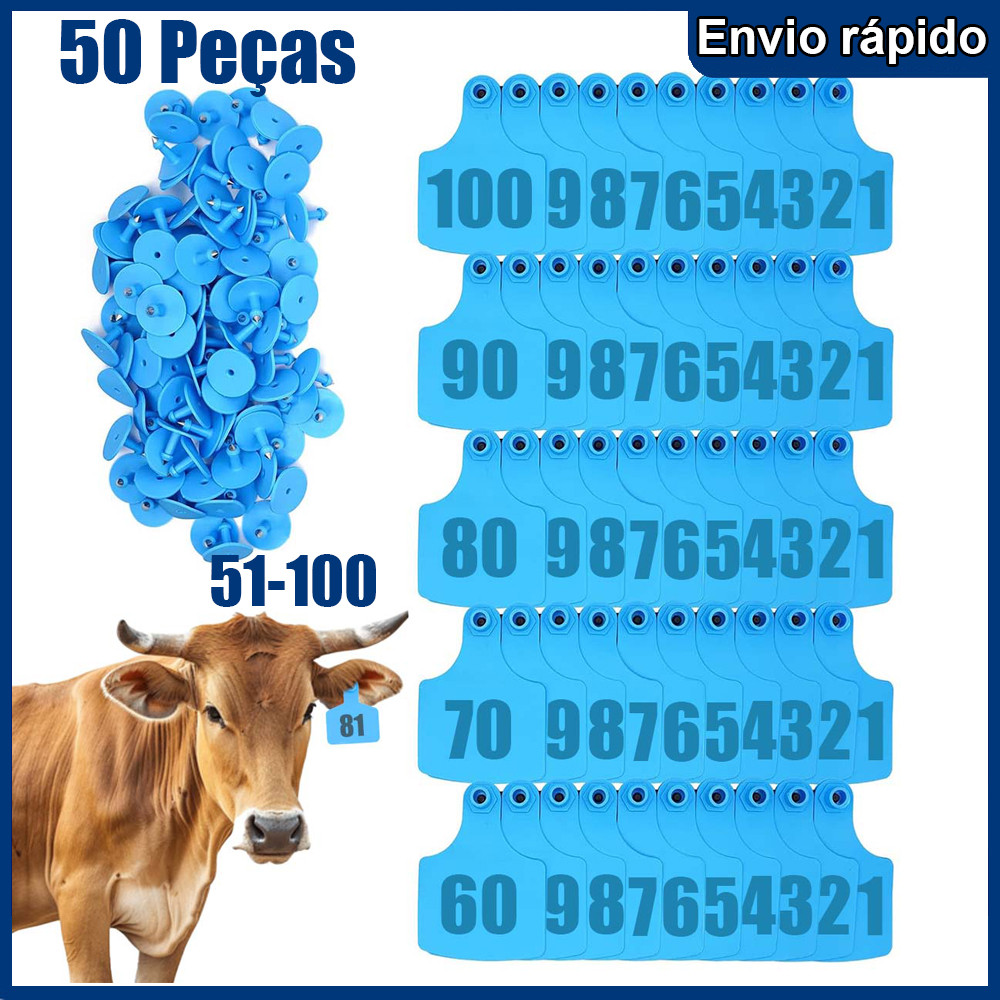 50 Peças Azul Brinco Bovino para Gado Numerado de 51 a 100
