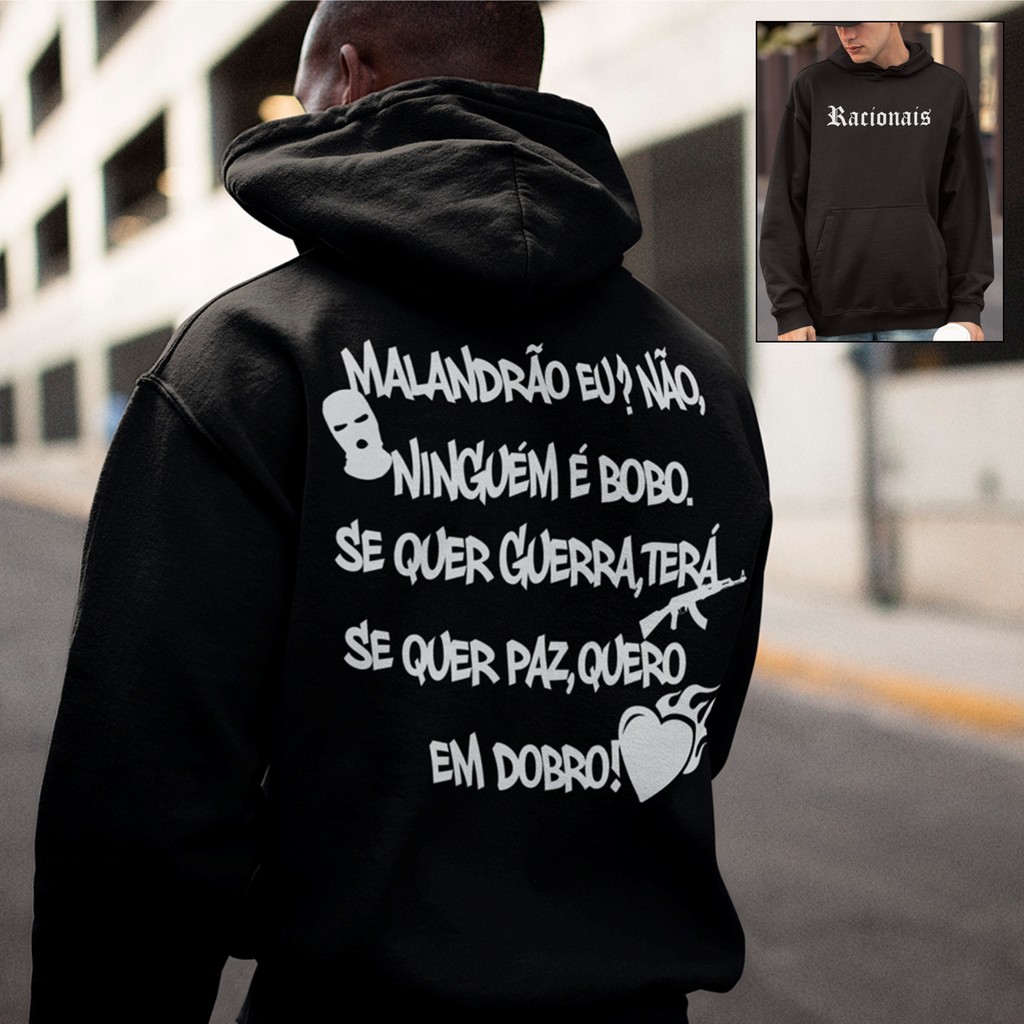 Moletom Racionais MC's Guerra E Paz HipHop Musica Mano Brown Frase Blusa De frio Street Com Capuz