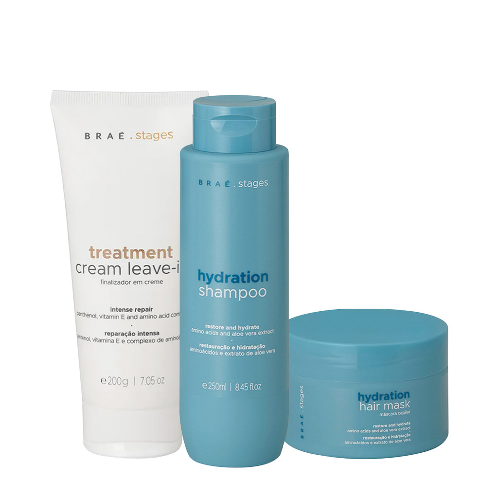 Kit Braé Stages Hydration Shampoo Máscara Leave-in (3 produtos) em Oferta na Shopee