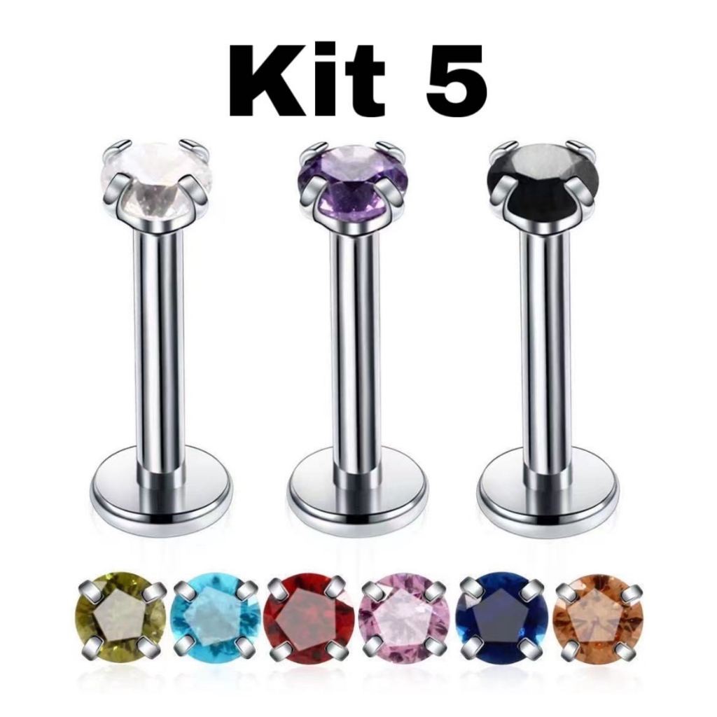 Kit 5 Piercing Ponto de Luz em Aço Cirúrgico Prateado com Zircônia 3mm Cravejada em Cores Diversas KA001 em Oferta na Shopee
