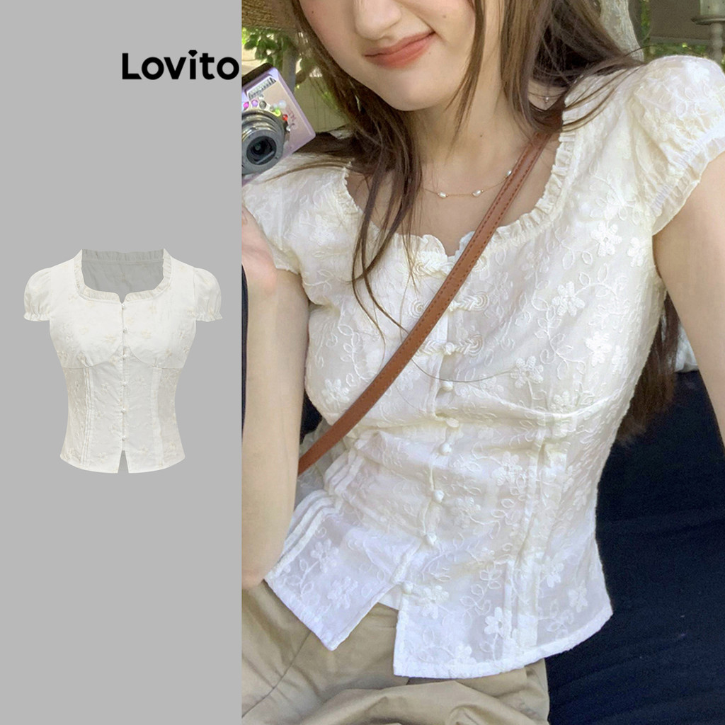Lovito Blusa Casual Blusa Bordada Lisa Para Mulheres L88AD212 - Women Clothes